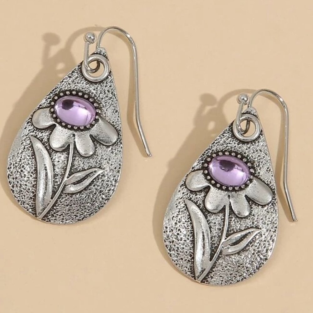 Purple and Silver Flower Tear Drop Hook Earrings - NEW